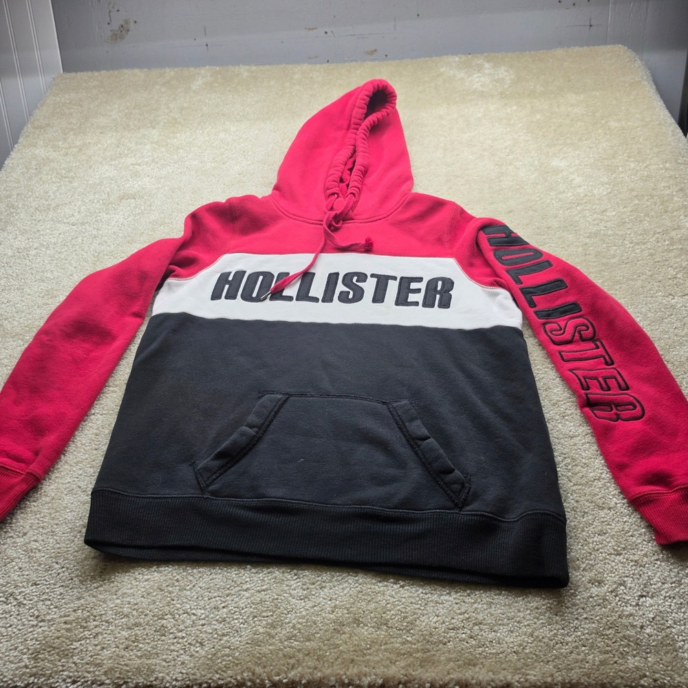 Hollister Mens Colorblock Logo Pullover Hoodie Red White Black Size M